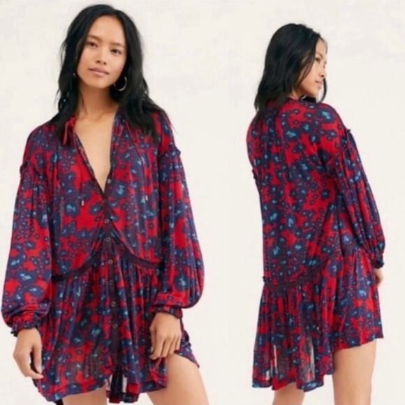 Free People Merlot Combo Love Letter Red & Blue Floral Size Small - Picture 3 of 16